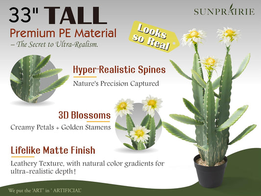 33 Inch Large Artificial Cactus with Lilly White Flowers in Pot with Natural Gravel. Satin Finish Leaves with Real Look and Feel. Outdoor and Indoor Faux Plants.