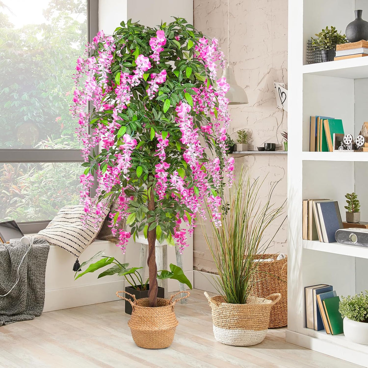 6ft Artificial Tree Plants, Fake Wisteria Tree with Woven Seagrass Basket for Indoor Outdoor Home Decor Office Living Room Porch Patio Perfect Housewarming Gift (2)