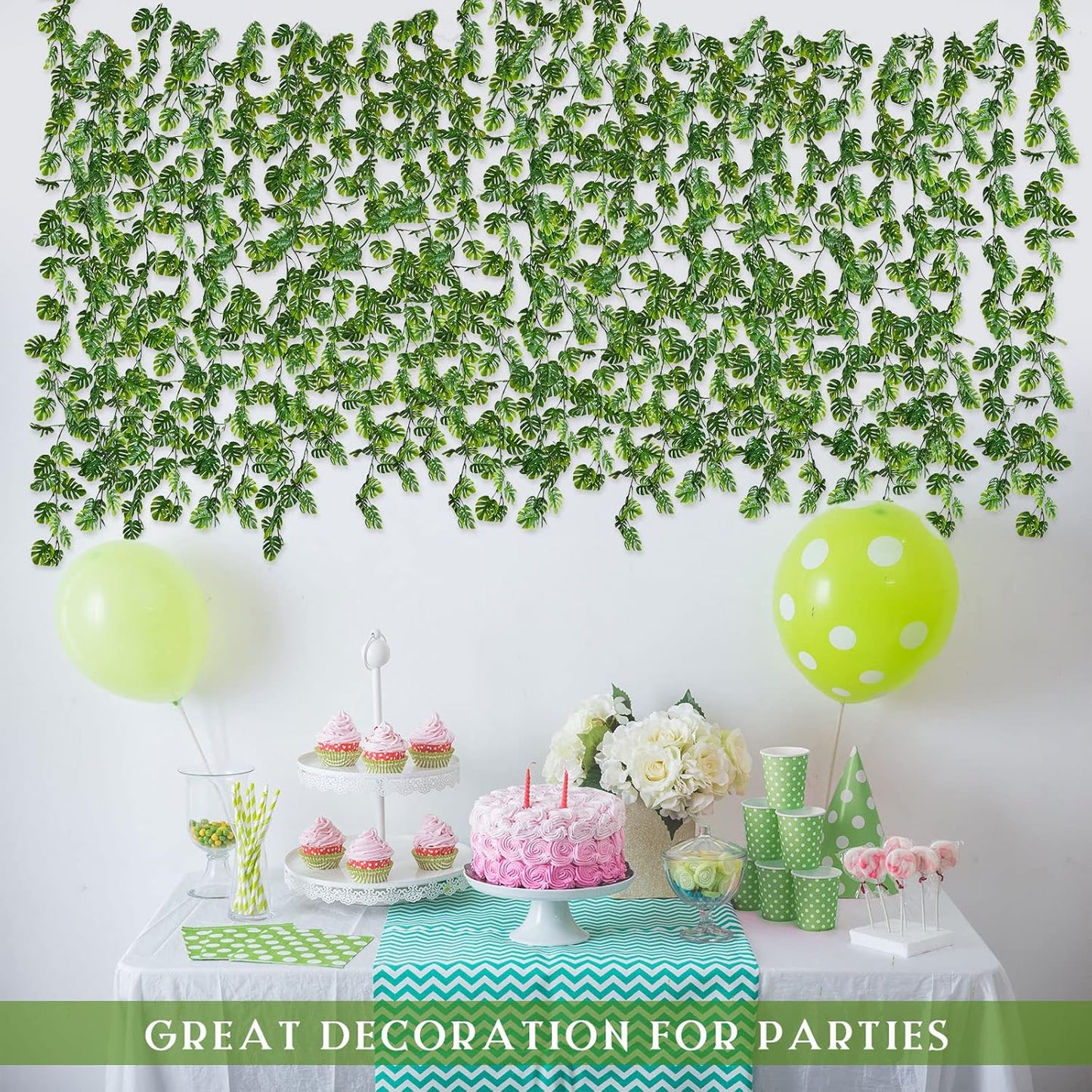12 Pcs Artificial Monstera Leaf Vines 5.9 ft Fake Hanging Plant Ivy Tropical Palm Leaves Greenery Garland Monstera Faux Vine for Wedding Party Outdoor Decor Garden Porch Jungle Hawaiian Beach