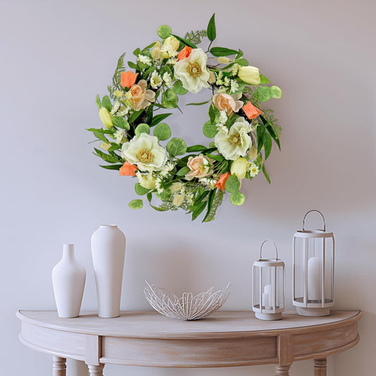 22 inch Artificial Spring Wreath with Tulip, Poppy, and Buttercup Blooms, Realistic Floral Decoration for Front Door or Indoor Décor
