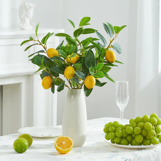 3 Pcs Artificial Lemons Tree Branches - Faux Greenery Stems Realistic Lemon Branch with Lifelike Leaves Fake Lemon Plant for Home, Dining Table, Kitchen Decor 18 Inch