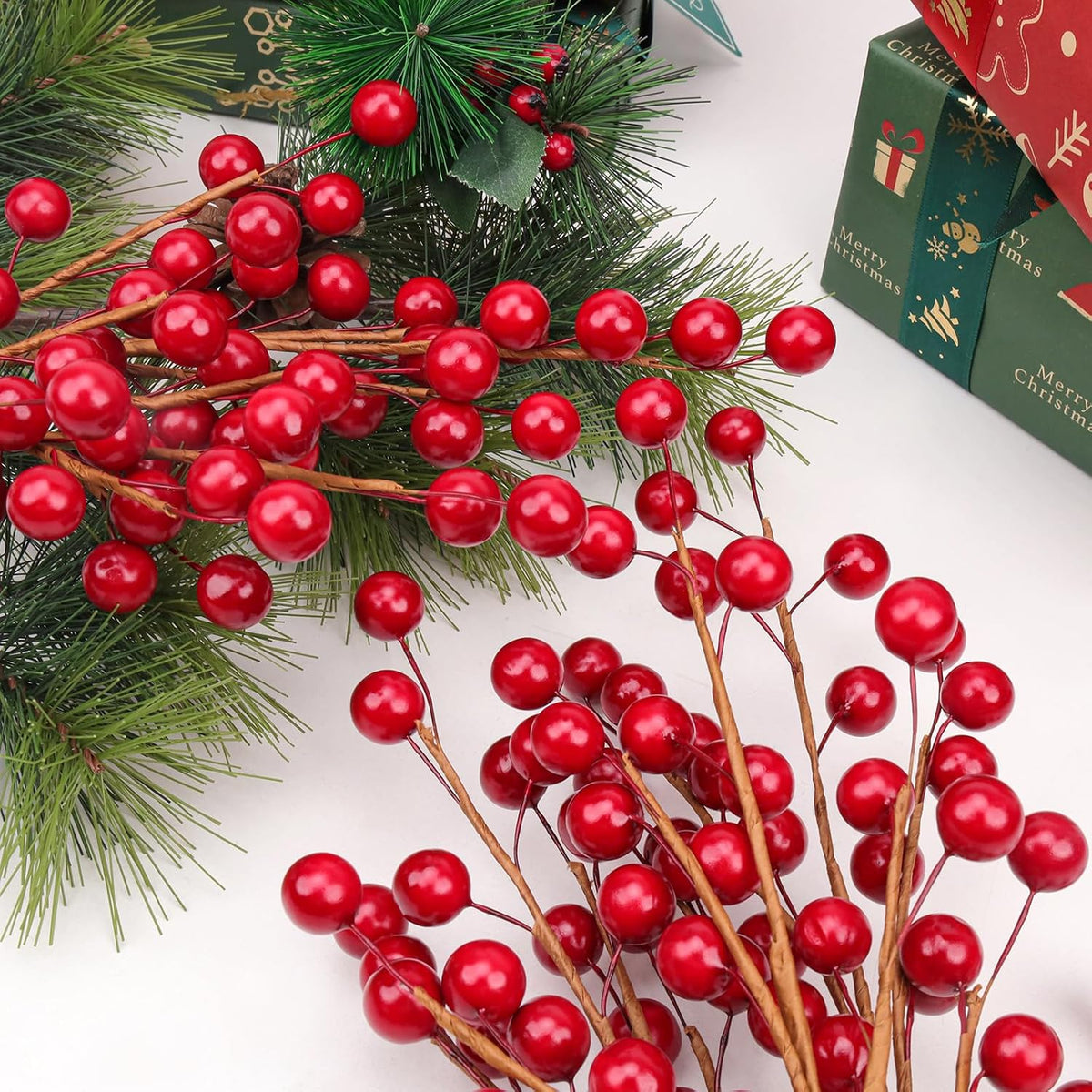 10pcs Artificial Red Pomegranate Berries Stems Branches - 7"