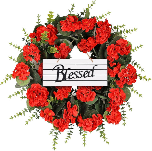 KuiMenYellow Artificial Geranium Wreath, 22 Inch Spring Summer Wreaths for Front Door with Blessed Hanging Sign, for Rustic Farmhouse Entryway Porch Balcony Decor