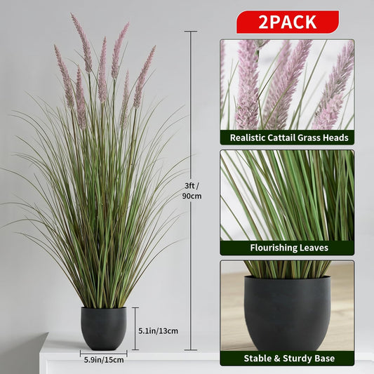 Artificial Cattail Grass 4FT-2 Set, 48" Fake Outdoor Indoor Plants | Lifelike Faux Tall Reed Onion Grass in Weighted Pot, Zero-Care, Decor for Home/Office/Patio/Wedding/Hotel, Housewarming Gift