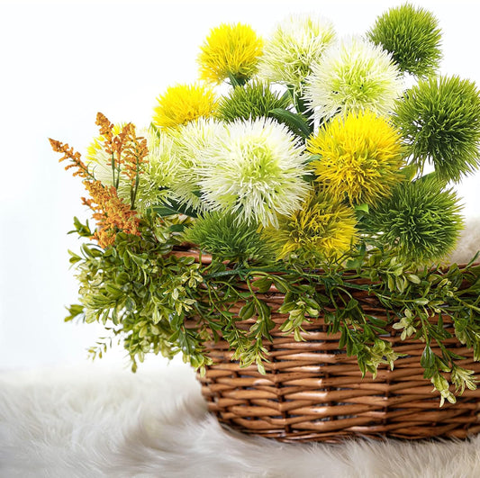 15Pcs Artificial Dandelion, Artificial Flowers Plants Bouquet with 1 Vase Kraft Paper Bag-Plastic Shrubs Brushes Plant Fake Grass for Indoor Outdoor(White,Yellow,Green)