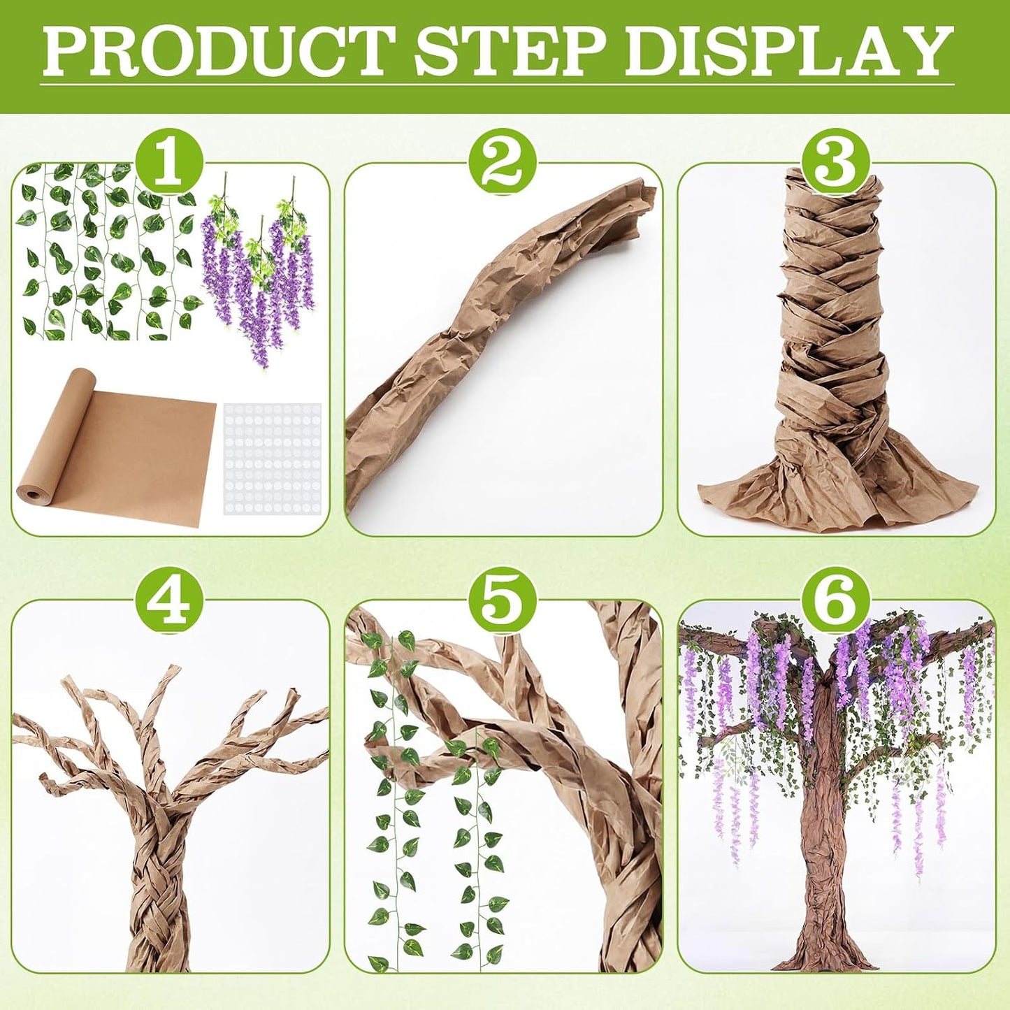 3D Wisteria Tree Decor 18 Pcs 54 Branches Wisteria Hanging Flower 5 Pcs Artificial Vine and 98.4 ft Kraft Paper Fairy Forest Decorations for Classroom Reading Corner(Purple)