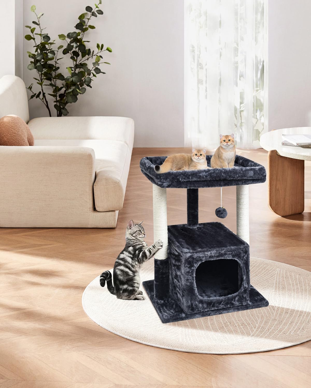 27" Cactus Cat Tree for Indoor Cats, Green Modern Activity Tower | Scratching Posts, Kitten Condo with Plush Perch & Hanging Ball for Play