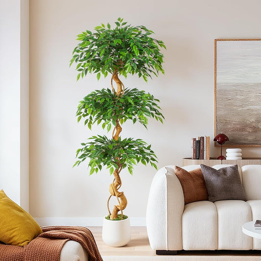 6ft Large Ficus Artificial Trees in White Pot, 72" Tall Fake Silk Tree with Natural Curved Trunk, Lush Faux Ficus Tree for Indoor Home Decor, Living Room, Office & Patio