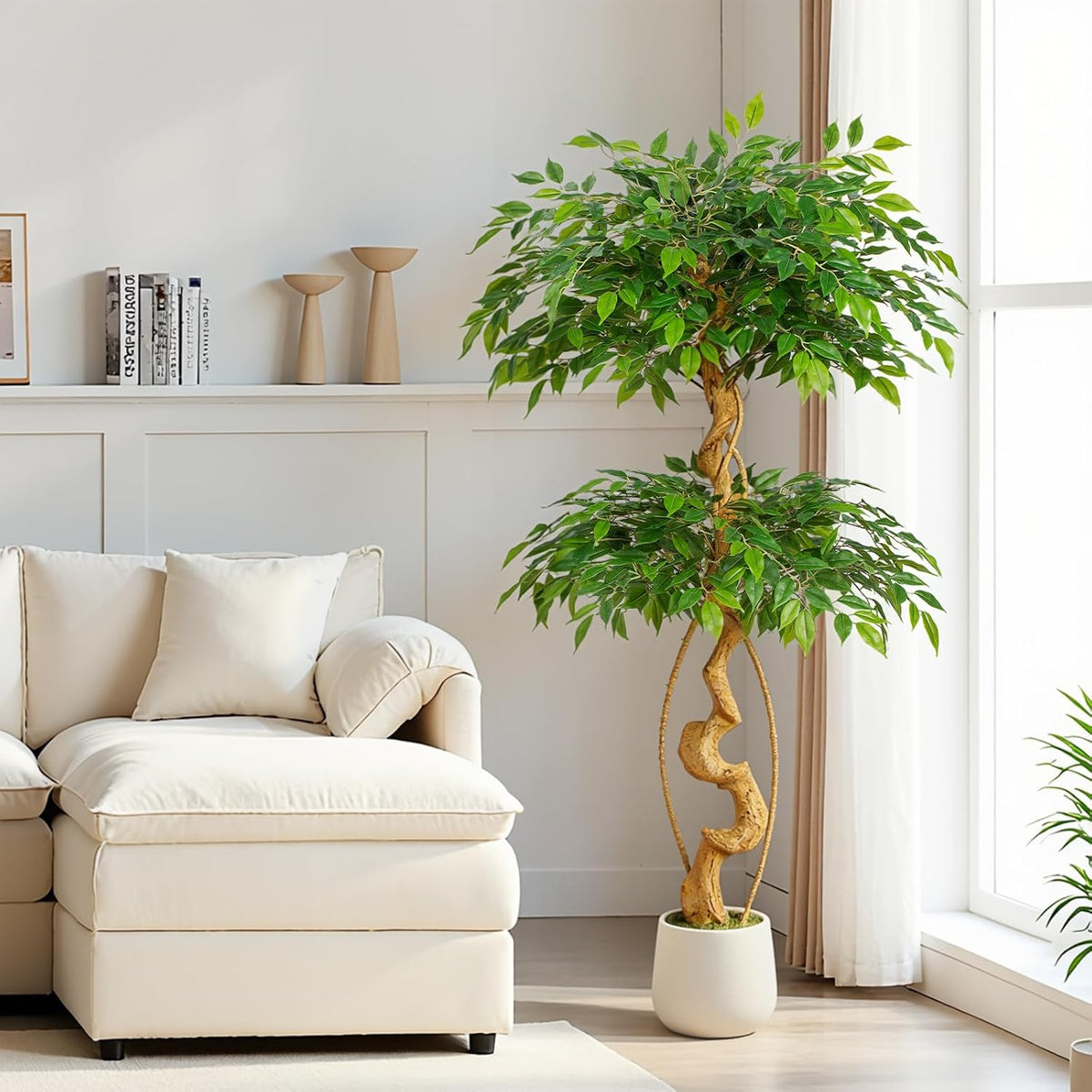 6ft Large Ficus Artificial Trees in White Pot, 72" Tall Fake Silk Tree with Natural Curved Trunk, Lush Faux Ficus Tree for Indoor Home Decor, Living Room, Office & Patio