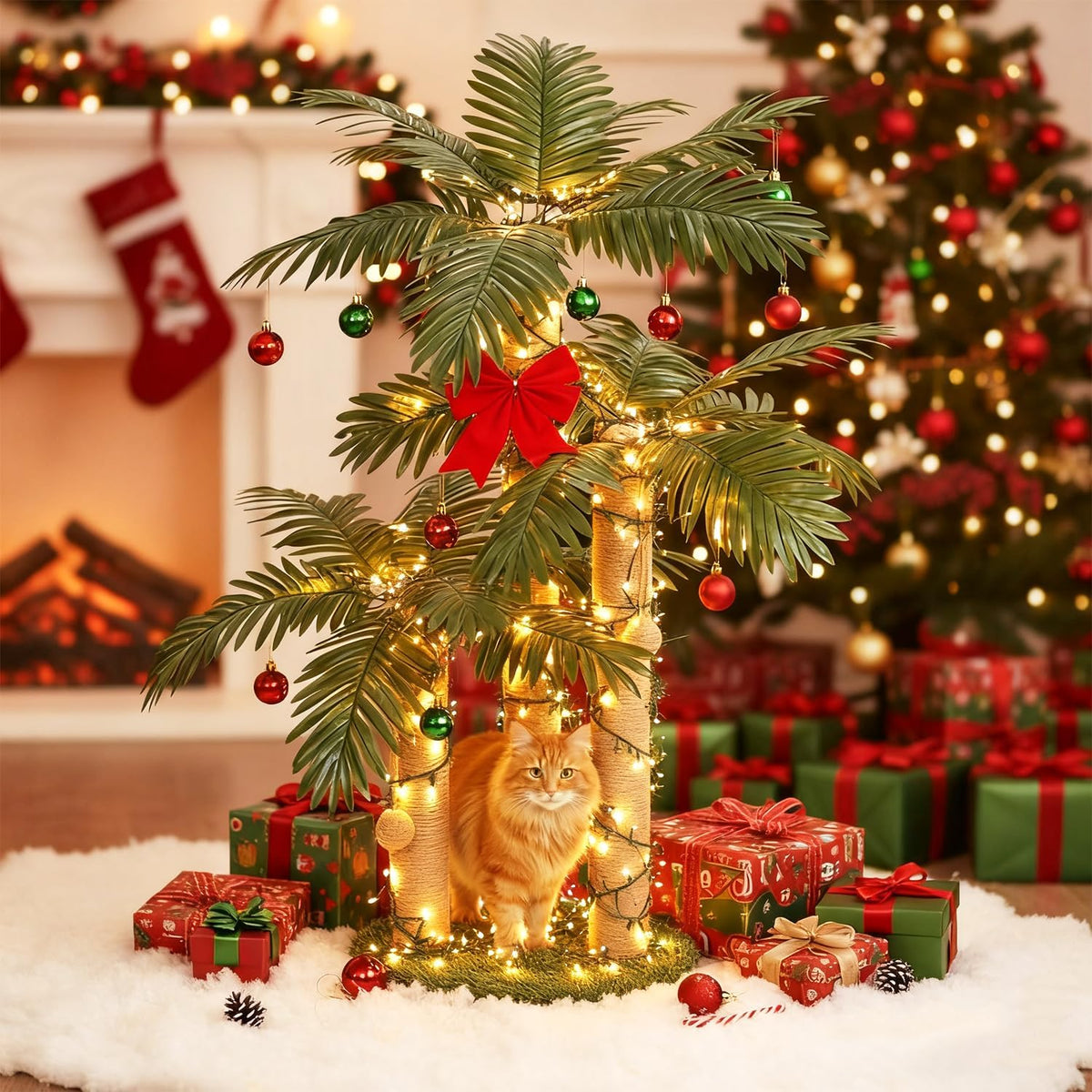 31.5Inch Cat Scratching Post,Cat Scratcher Tree with 3 Scratching Poles & 2 Interactive Dangling Balls,Cats Scratching Posts for Indoor Kitten & Adult Cats