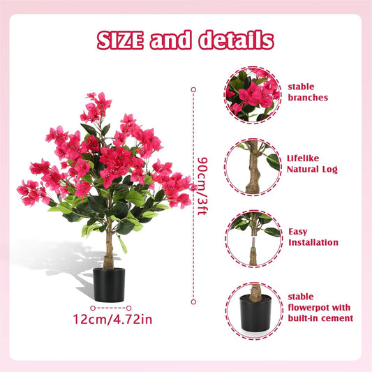 Thiccywoov 2 Pack 3ft Artificial Bougainvillea Trees Faux Bougainvillea Flower Tree in Pot Realistic Fake Blooming Topiary Plant Decor for Front Porch Outdoor Indoor Office Wedding Garden