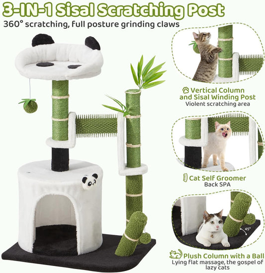 Panda Cat Tree, 30.7" Cat Tower with Self Groomer, Scratching Post, Cat Condo and Hang Ball, Bamboo Leaf Shape Design