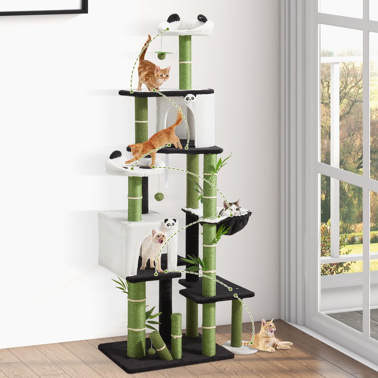 Panda Cat Tree, 30.7" Cat Tower with Self Groomer, Scratching Post, Cat Condo and Hang Ball, Bamboo Leaf Shape Design