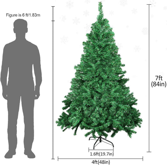 Artificial Christmas Tree, 1000 PVC Tips Full Hinged Spruce Tree with Foldable Metal Stand, Easy Assembly Xmas Tree for Home Office Holiday Party Decoration (Green, 7FT)