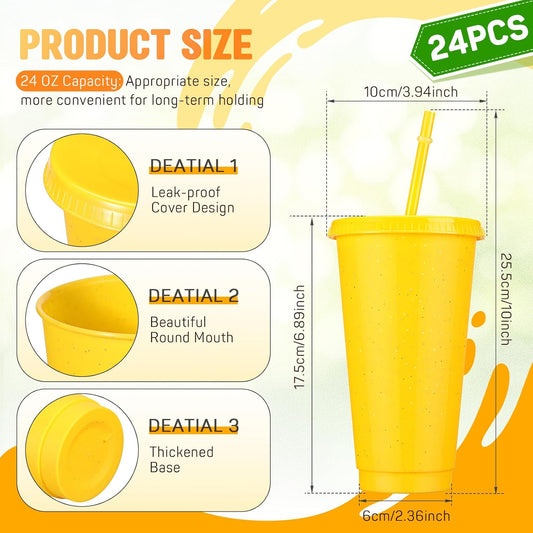24 Pack Plastic Tumblers with Lid and Straw Reusable Cups Bulk Water Bottles Iced Coffee Travel Mug Cup for Birthdays Party Juices Adults Kids (Yellow,24 oz)