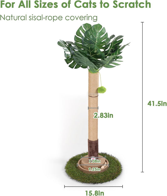 Cat Scratching Post, 35 Inch Tall Cat Scratcher Cat Tree Tower with Hanging Ball for Indoor Cats Adults,Sisal Rope Kitten Scratch with Interactive Mouse Cat Toy (41in, Monstera)