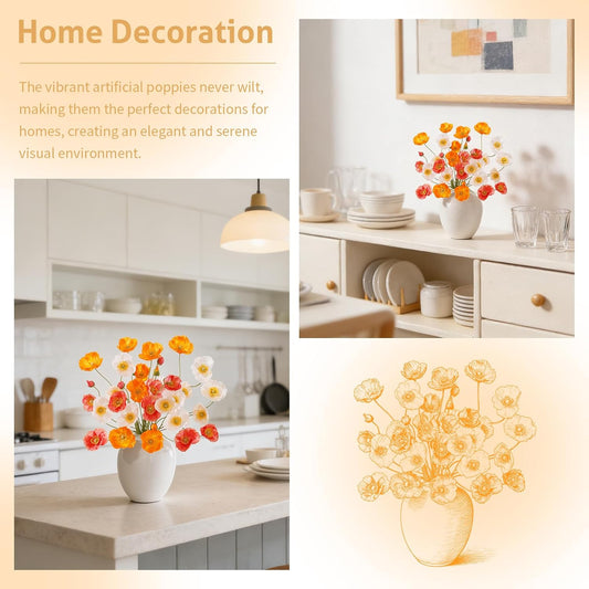 12PCS 36Heads Artificial Poppy Flowers with Stems, Silk Iceland Poppies Fake Flowers, Faux Poppy Bouquet for Wedding Table Office Party Floral Display Home Decor (Orange+Red+Champagne)
