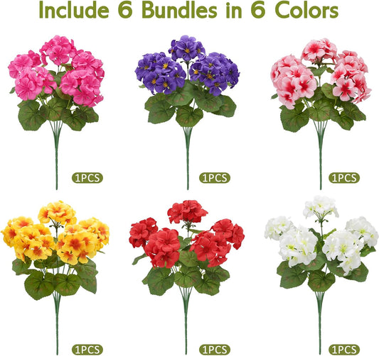 Artificial Geraniums Silk Artificial Flowers for Outdoor Indoor, Realistic UV Resistant Faux Geraniums, Fake Plants for Patio Porch Yard Garden Cemetery Home Table Centerpiece Decor(6, Mixed Colors)