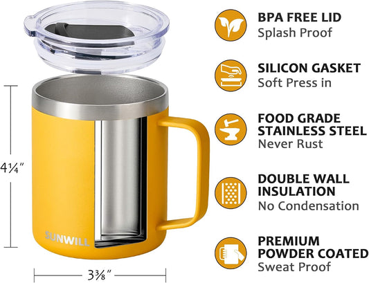 Insulated Coffee Mug with Lid, Travel Tumbler with Handle, 14 oz Stainless Steel Cup for Camping, Office, Home, Powder Coated Yellow