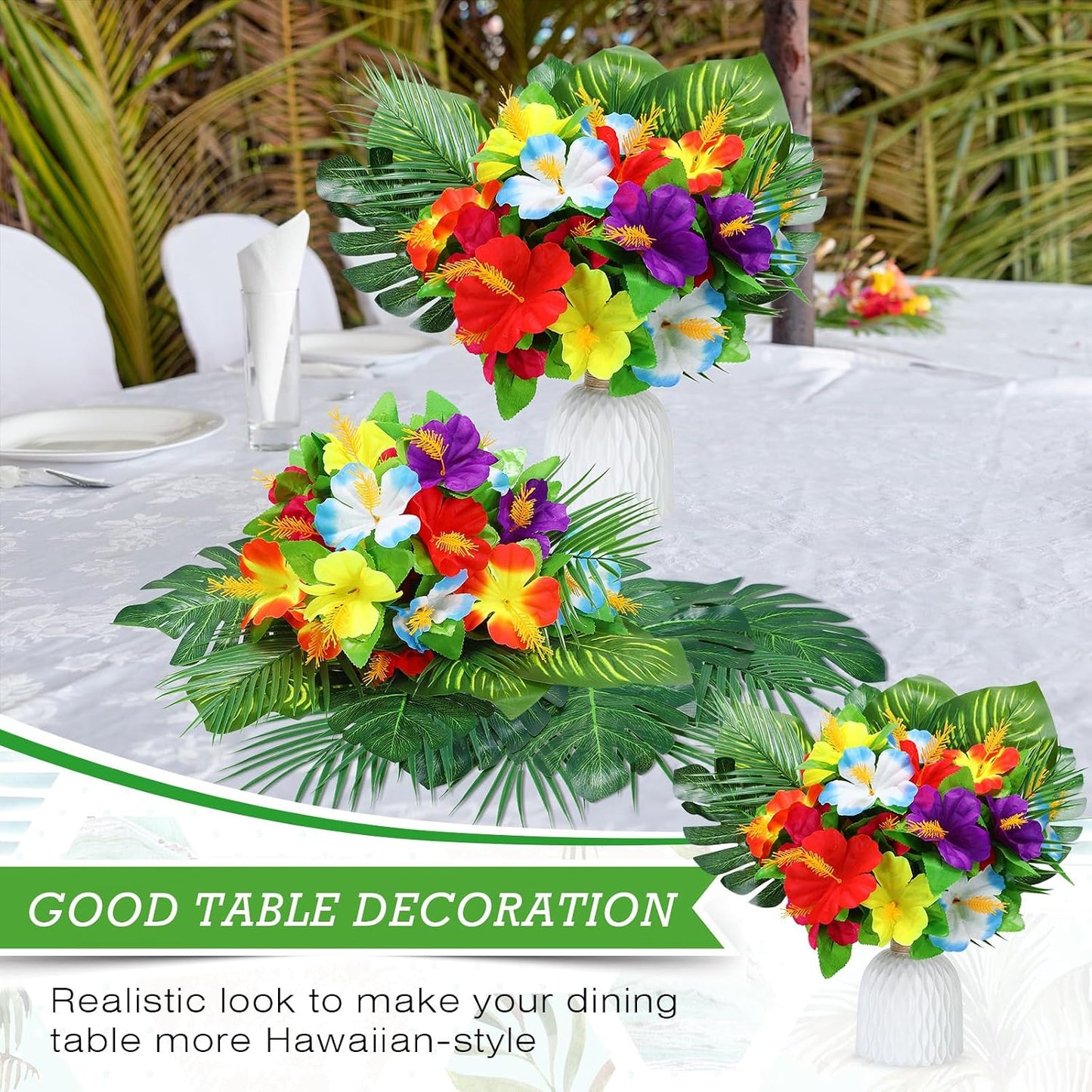 12 Pcs Hawaiian Flower Centerpieces for Tables Artificial Palm Leaves Fake Hibiscus Flowers Tropical Party Decorations Supplies for Luau Safari Jungle Beach BBQ Theme Party Birthday Table Decor