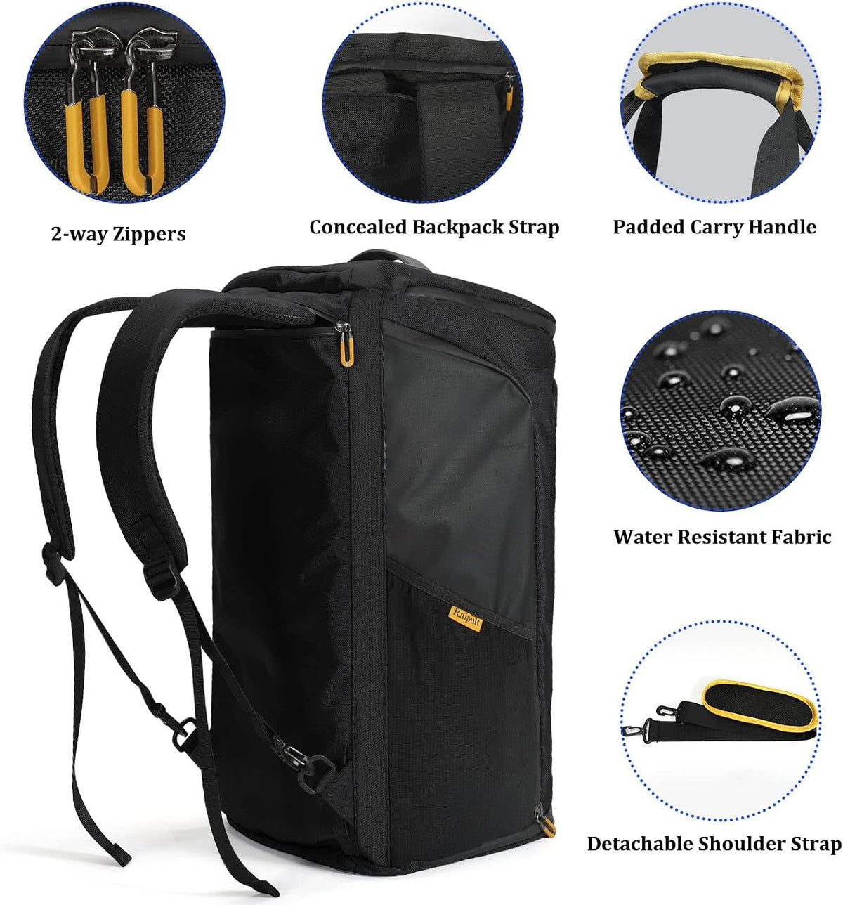 Raipult Gym Duffle Bag for Men Women, Travel Duffel Bag Backpack with Shoe Compartment & Wet Pocket, 50L Waterproof Sports Overnight Weekender Bag with USB Port, Black