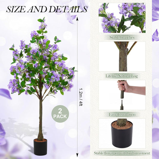 Thiccywoov 2 Pack 4ft Artificial Purple Lilac Flower Tree Realistic Blooming Flower Plant Fake Potted Artificial Tree for Home Garden Lawn Porch Patio Indoor Outdoor Decor