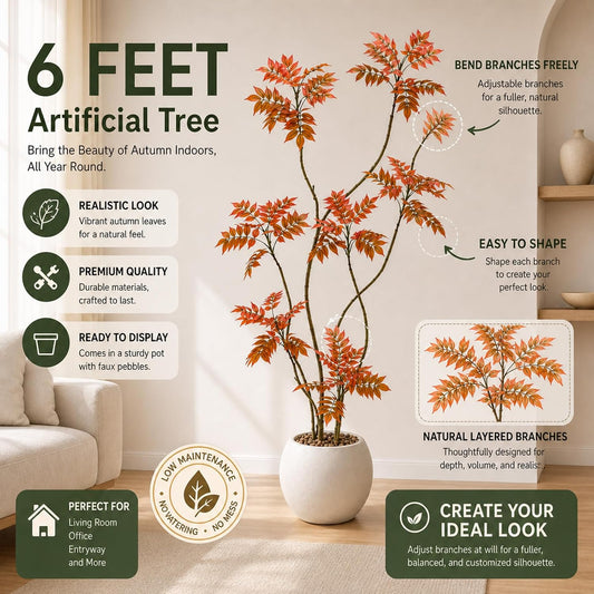 Artificial Sumac Tree 6FT, Tall Fake Plant Indoor with Pot, Realistic Faux Tree for Living Room Bedroom Office Corner Decor, Artificial Mahonia Fortunei Tree Housewarming