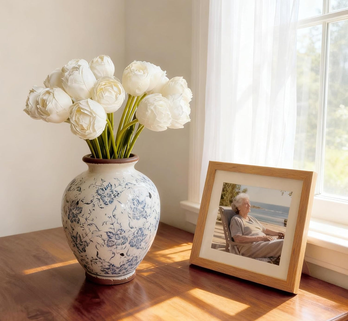 16PCS White Ranunculus Artificial Flowers,Small Fake White Foral