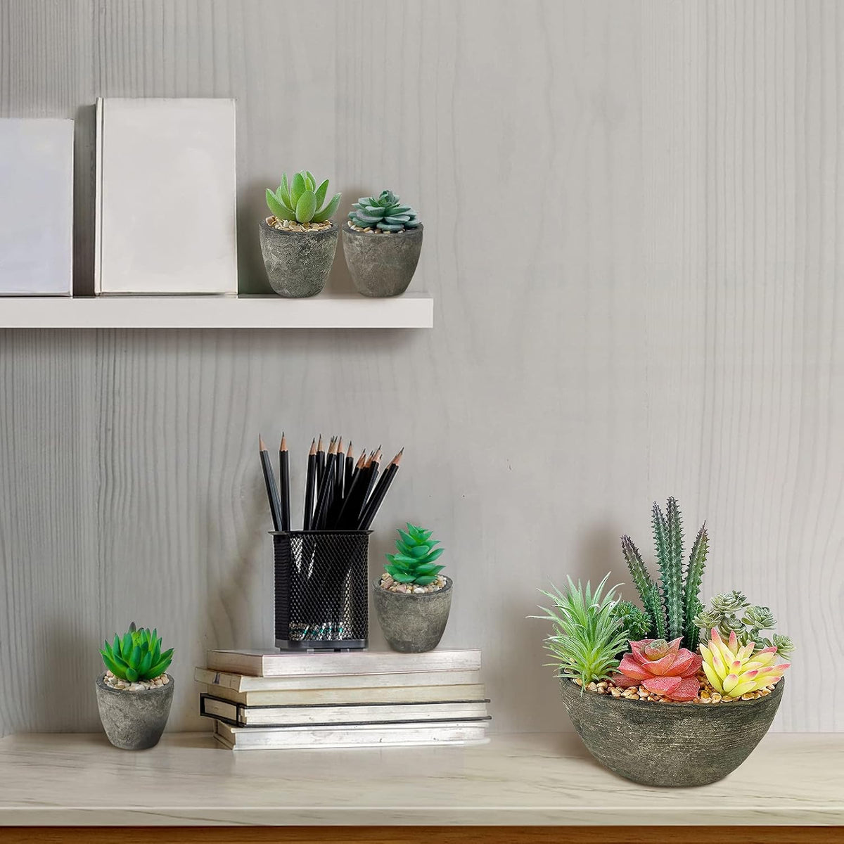 Succulents Plants Artificial 4 Pack, Mini Fake Succulents in Pots, Assorted Small Faux Succulent Decorative for Living Room Home Office Decor