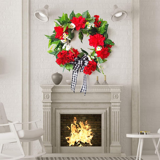 Red Geranium Wreath Spring and Summer Wreath Silk Decorative Front Door Wreath Handcrafted Spring Wreath Garland Farmhouse Wreath Artificial Flower Door Wreath Decor for Front Door Home Decoration