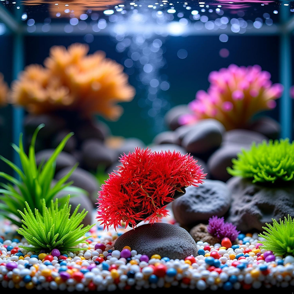Red Artificial Flowers, Fake Flowers, Artificial Pine with Base Grass Fish Tank Ornament Aquatic Plant Landscape Decor, Aquarium Décor Plastic Plants