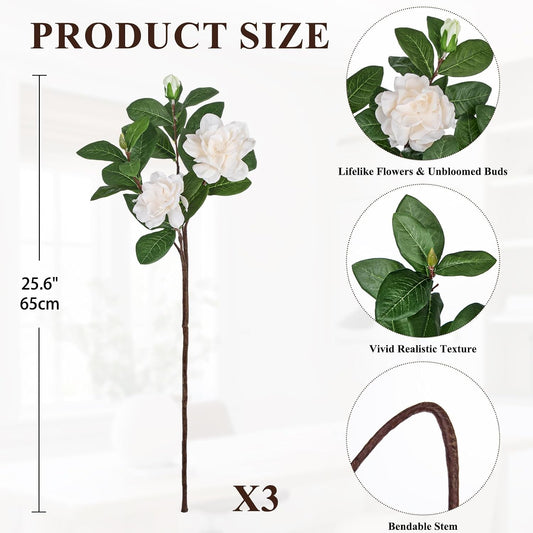 26" Artificial Gardenia Flowers Branches with Buds, Pale Champagne White