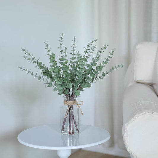 17.5" Artificial Eucalyptus Stems in Glass Vase with Faux Water(Sage Green) | Realistic Fake Plants Faux Eucalyptus Leaves with Glass Vase, for Centerpiece Table Farmhouse Wedding Home Greenery Decor