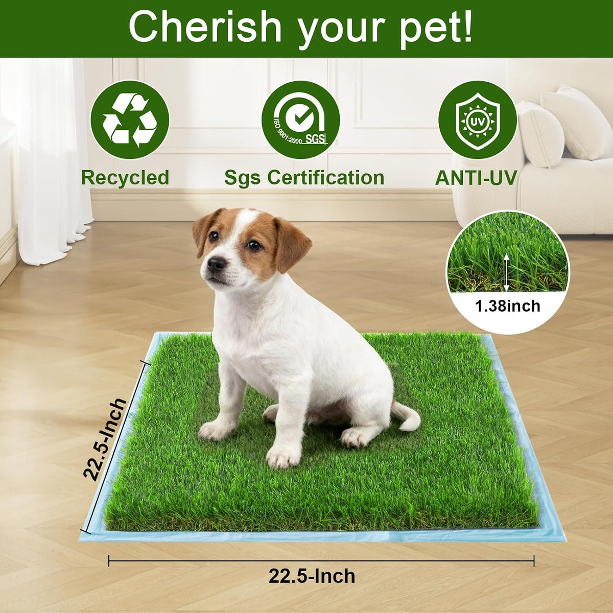 Dog Grass Pee Pads, 2 Pack 14 x 18 Inch Artificial Grass Replacement Mats for Dog Potty Trays, Soft 1.38 Inch Washable Turf with Drainage Holes, Indoor Outdoor