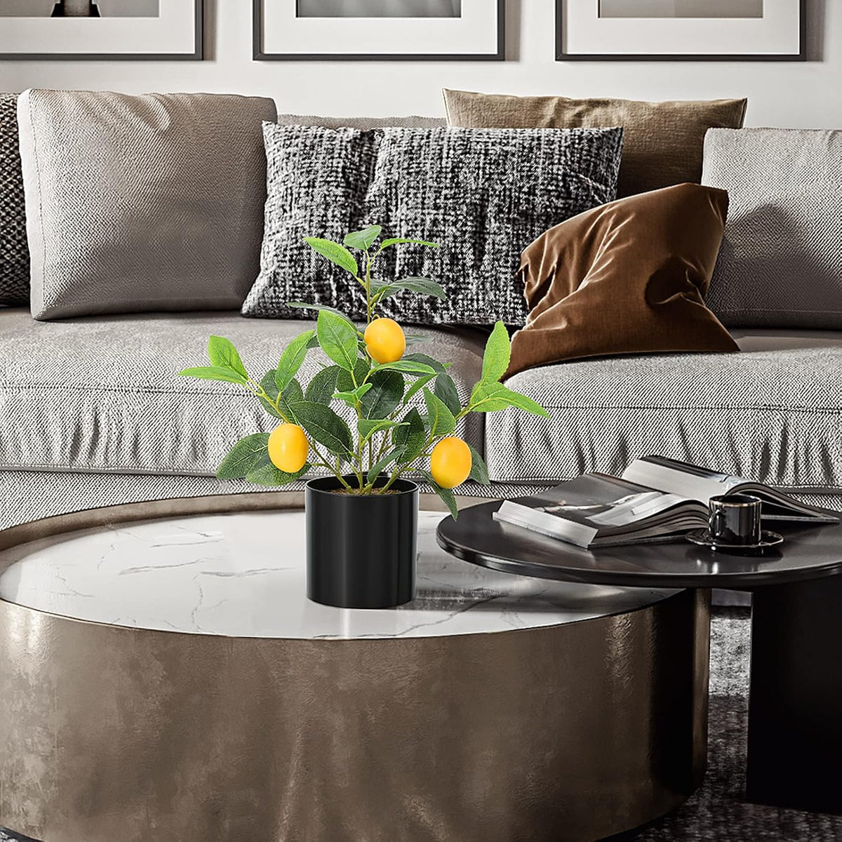Faux Lemon Tree for Kitchen Decor, 14.6 Inch Fake Lemon Citrus Tree with White Pot, Artificial Plant Indoor for Home Office Desk