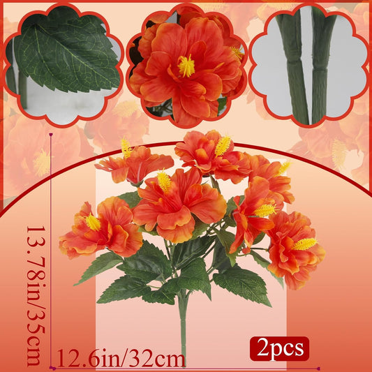 2 Pcs Fall Artificial Outdoor Flowers Realistic Silk Fake Hibiscus Tropical Flowers Fall Decoration UV Resistant Faux Plants for Outdoors Planters Outside Porch Patio Yard Garden Orange-Red