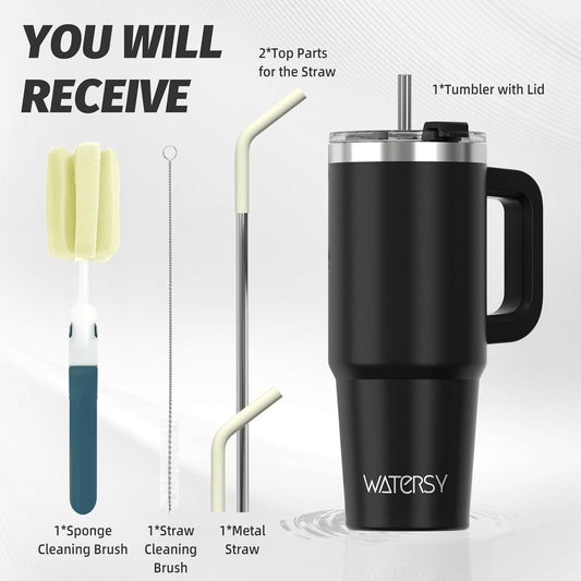 40 oz Shiny Tumbler with Handle and Straw,Stainless Steel Tumbler with Lid and Straw,Insulated Travel Mug(Cold for 34 Hours),Water Bottle for Iced Tea,Coffee (Yellow)