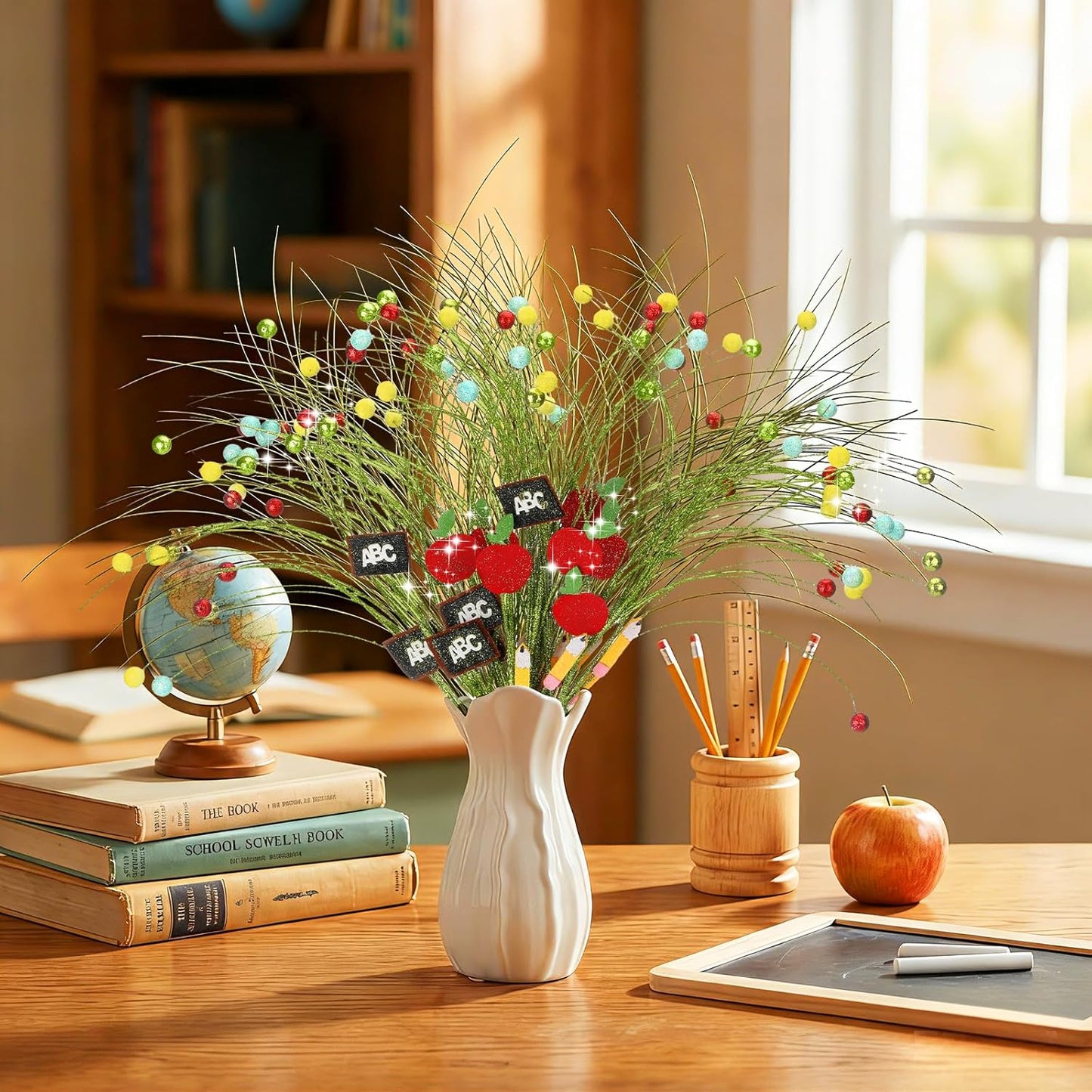 12pcs Back to School Party Centerpiece Sticks 15 Inch Metal Glitter First Day of School Floral Tree Picks Apple Blackboard Pencil Decorations for Classroom Themed Party Decorations