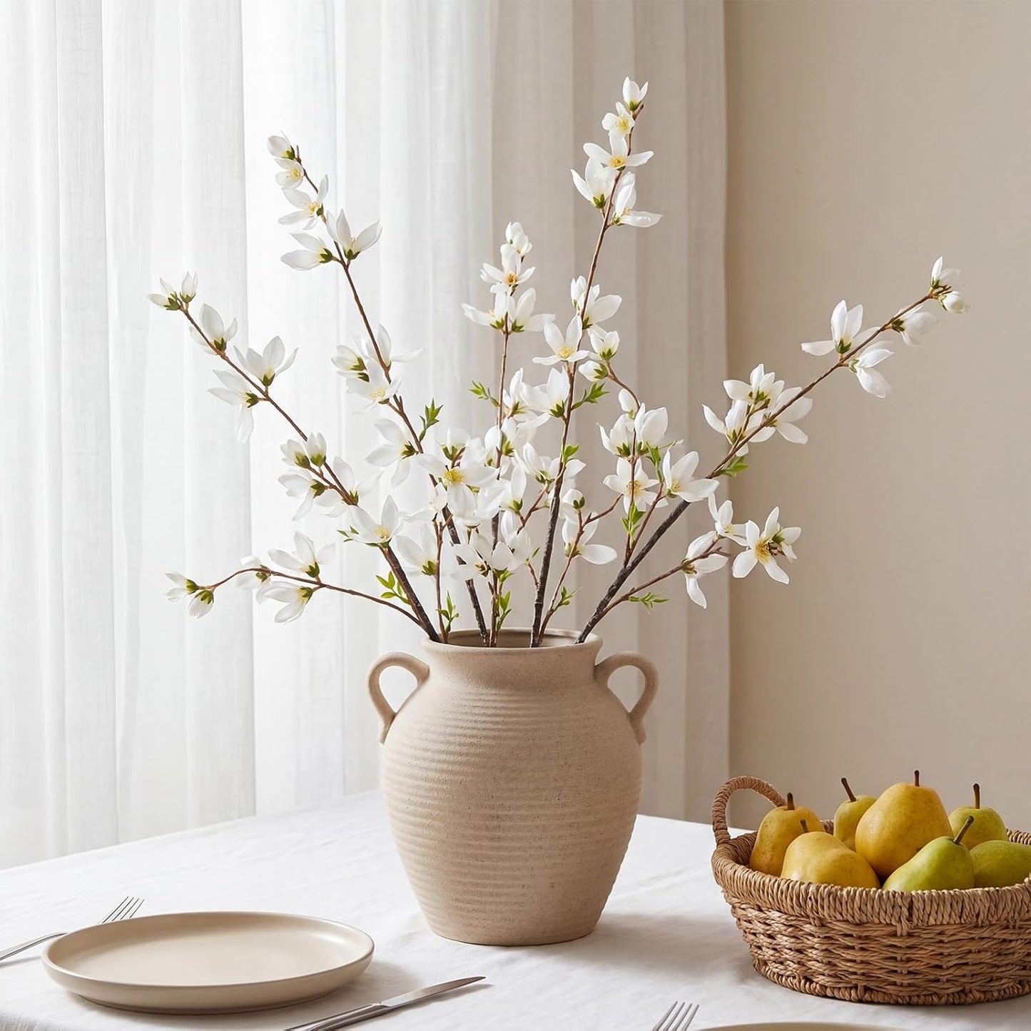 Riceshoot 4 Pcs Artificial Magnolia Flower Stems 35 Inch Faux Fake Realistic Long Magnolia Branches for Vase Home Decor Indoor Wedding Table Centerpiece Farmhouse Floral Arrangement Dining Room(White)