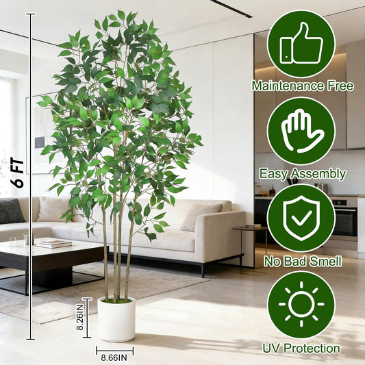 Ficus Tree Artificial 6 FT Tall Faux Plants Indoor Fake Tree with White Tall Planter, Artificial Plants Indoor Faux Tree with Full Realistic Leaves, Fake Plant for Home Office Corner Decor