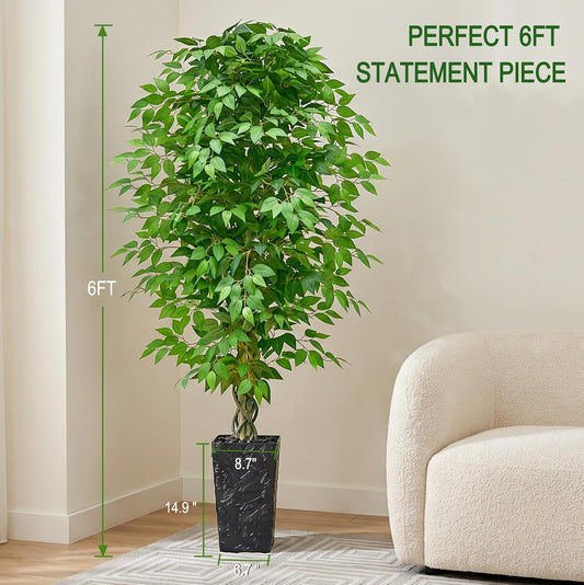6FT Artificial Ficus Tree Indoor, Large Fake Ficus Tree with Natural Wood Trunk & Realistic Silk Leaves, Tall Faux Tree for Living Room, Office, Home Decor, White Pot Included