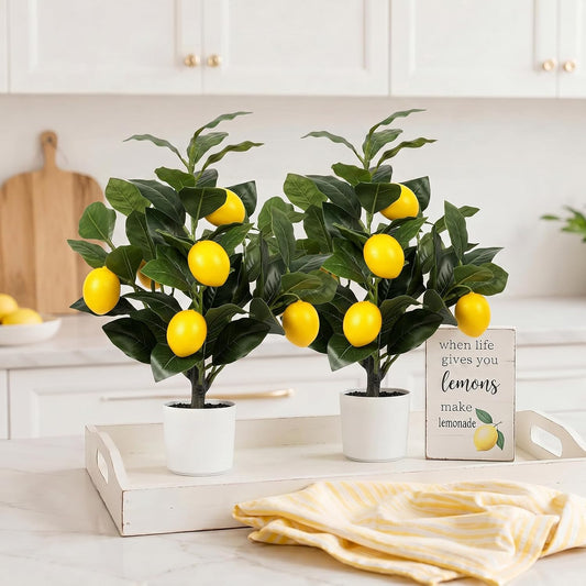 2 Pack 15" Fake Lemon Tree with 12 Lemons Fruit & White Pot