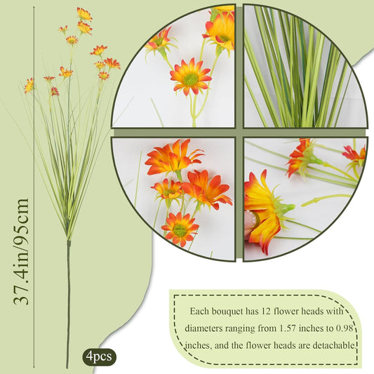 4 Pcs Artificial Plants Onion Grass Outdoor 37" Fake Tall Grass with Daisy Wildflowers Orange Artificial Wheat Grass Faux Shrubs Bush Greenery Stems for Indoor Garden Outside Office Home Decor
