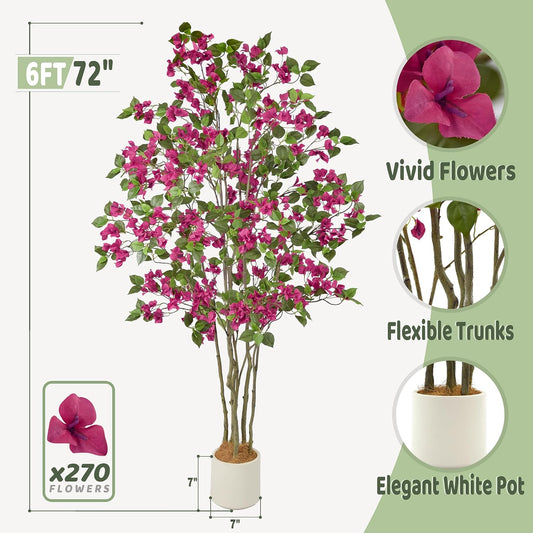 Artificial Red Bougainvillea Tree 6FT with 270 Flowers & White Planter Realistic Tall Large Fake Faux Floral Floor Blooming Flower Plant 72 Inch for Indoor Home Office Porch Mall Decor