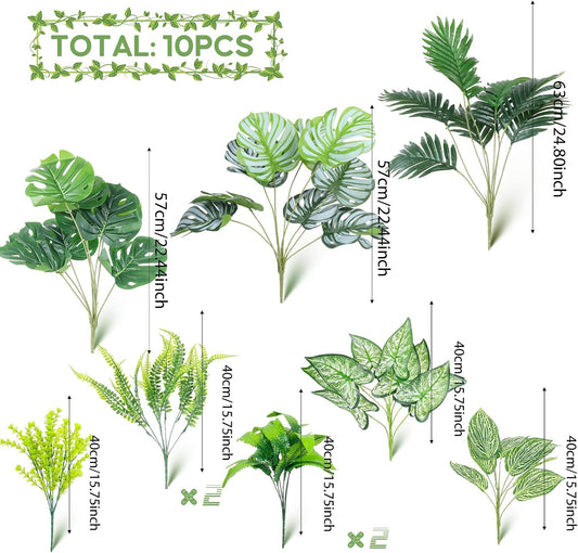 Artificial Plants Outdoor UV Resistant, 8 Bundles Faux Greenery with Tropical Leaves & Hanging Ferns, Realistic Fake Plants for Outdoor Planters, Front Porch, Patio, Window Boxes, Garden Decor