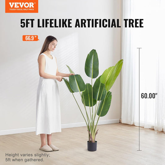 Artificial Bird of Paradise Tree, 5 FT Tall Faux Plant, PE Material & Anti-Tip Tilt Protection Low-Maintenance Plant, Lifelike Green Fake Tree for Home Office Warehouse Decor Indoor Outdoor