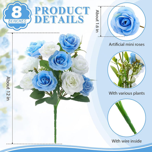 8 Pack Artificial Mini Purple and Lilac Roses 12 Inch Fake Flowers with Stems 80 Small 1.6 Inch Flower Heads Silk Mini Rose Bouquets for Wedding Centerpieces, Bridal Bouquets, Home Party Decor