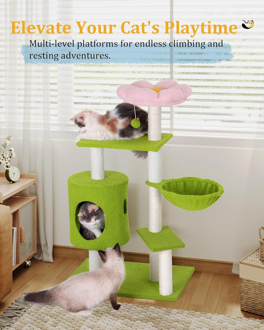 Flower Cat Tree for Indoor Cats,41.2" Cute Cat Tree for Adult Cats | 2-Door Large Cat Condo Cave Bed,Cat Tower with Scratching Posts,Cozy Floral Perch and Hammock for Kittens,Green Pink
