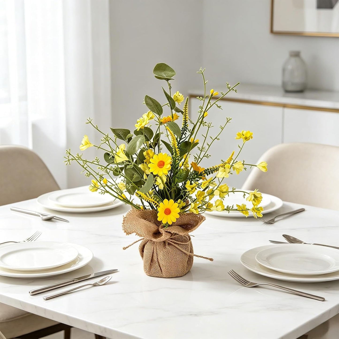 14inch Artificial Daisy and Forsythia Tabletop Decor with Burlap Base, Faux Yellow Flowers Tree Farmhouse Daisies Arrangement for Spring Summer Table Centerpiece Shelf Mantel Decoration