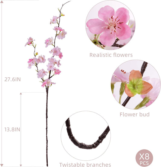 Artificial Cherry Blossom Branches 27.6In Silk Cherry Blossom Branches 8PCS Long Stem Artificial Flowers for Tall Vase, for Home Decorate, Weddings Decorate, Parties & Festival Gifts (White)